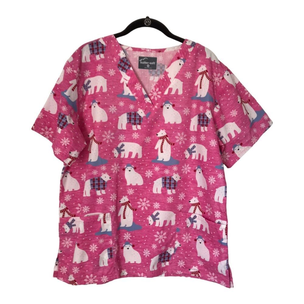 Butter Soft Womens Scrub Top Size M Pink Koala Bears V-Neck Vet Tech Medical